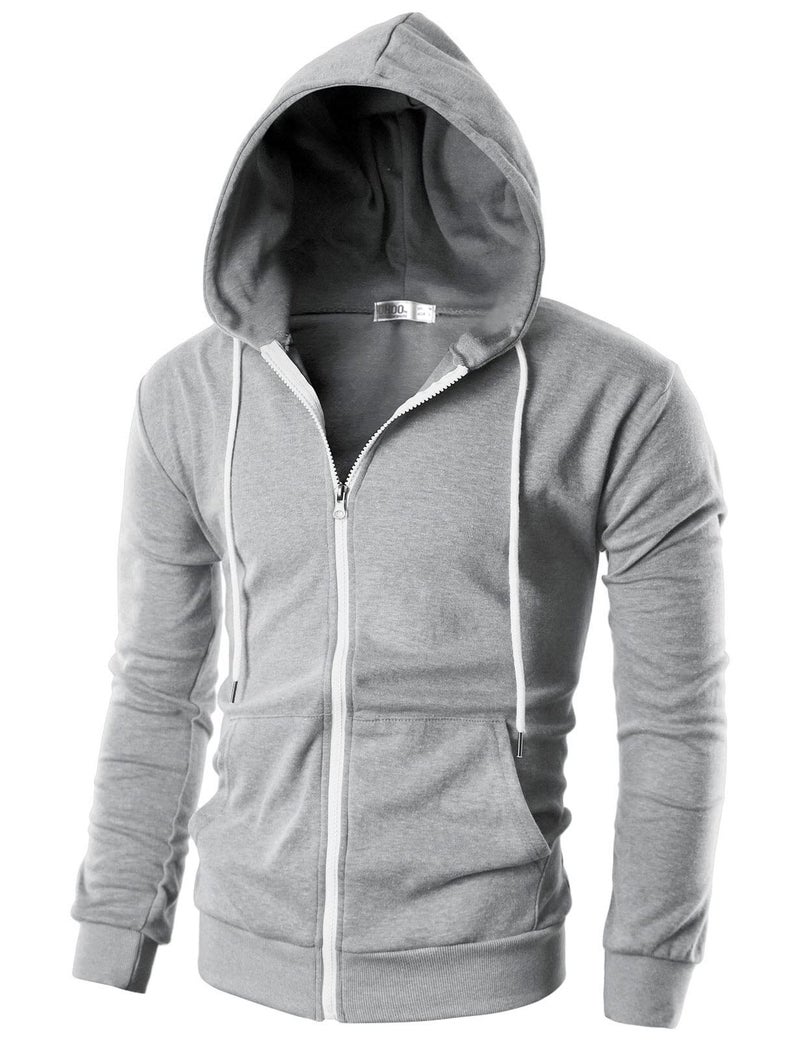 Ohoo Men's Zip Up Hoodie Lightweight Slim Fit Sweatshirt Full Zip Hooded Jacket / DCF002-GREY-L - Image 1